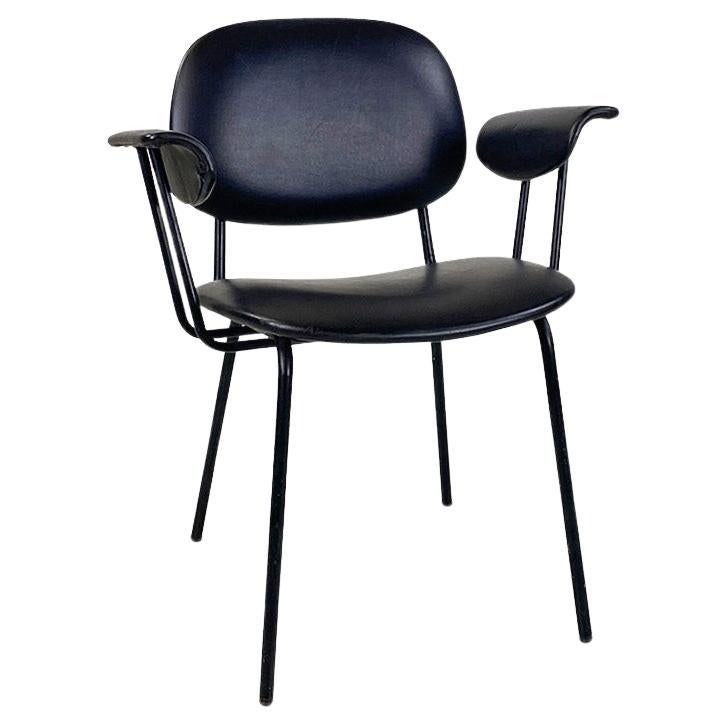 Italian chair, metal and black leather with arms, modern antique, ca. 1960s For Sale