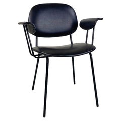 Italian chair, metal and black leather with arms, modern Vintage, ca. 1960s
