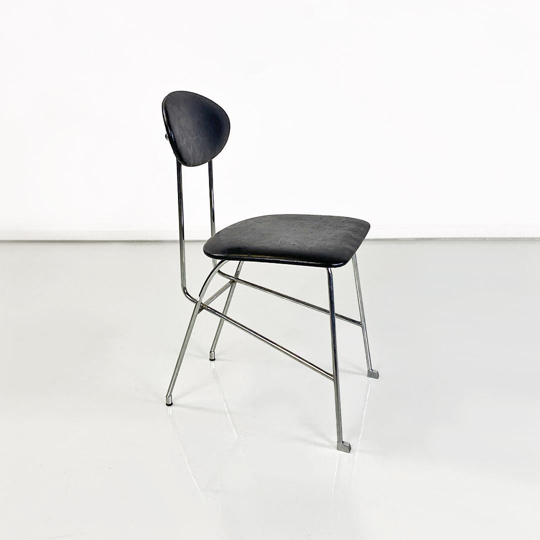 Modern Italian chair, steel and black leather, Alessandro Mendini for Zabro 1980s In Good Condition For Sale In MIlano, IT