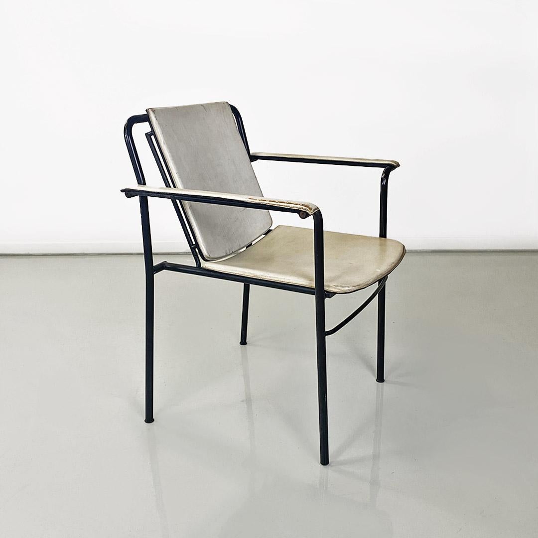 Metal Italian modern folding chair in white leather and black metal, ca. 1980. For Sale