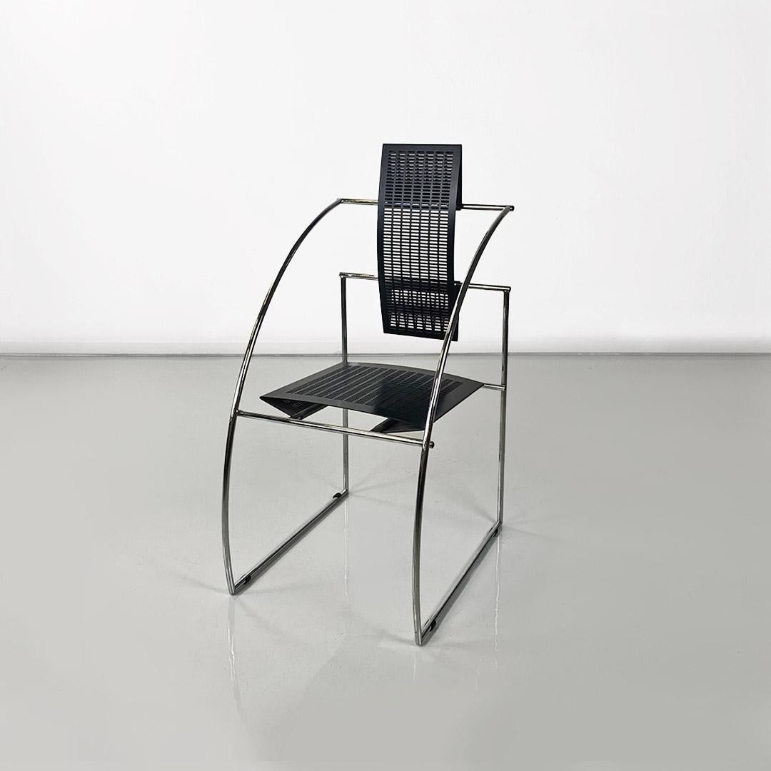 Quinta 605 chair, Italian postmodern, in metal by Mario Botta for Alias 1980
Quinta 605 armchair with seat and back composed of two sheets of microperforated, bent metal, black lacquered, polished finish and curved arms made of chrome-plated metal
