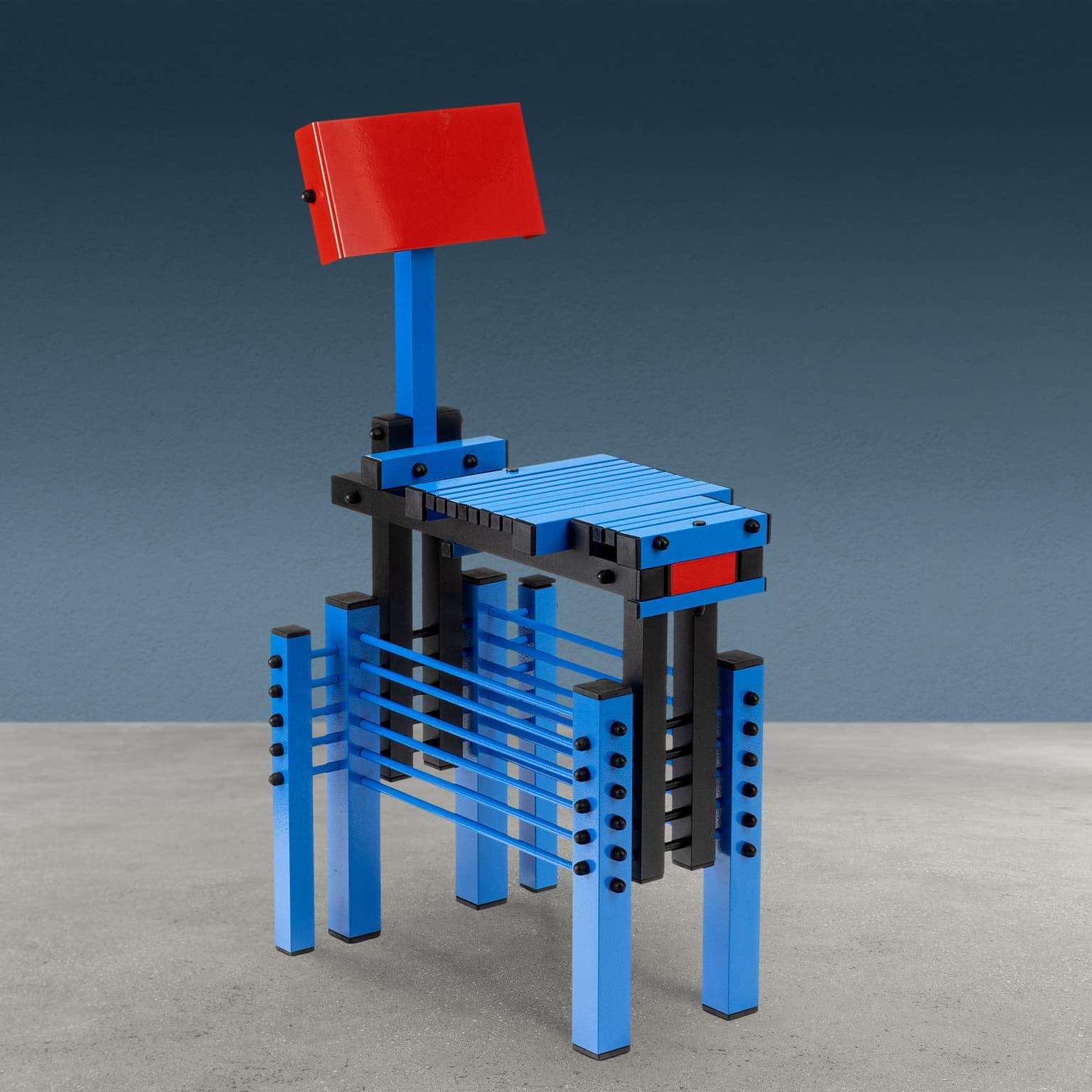 Postmodern chair designed and made by Anacleto Spazzapan by joining metal strips of different sizes enameled in red, electric blue and black. It bears the designer's AS initials and is resealable.