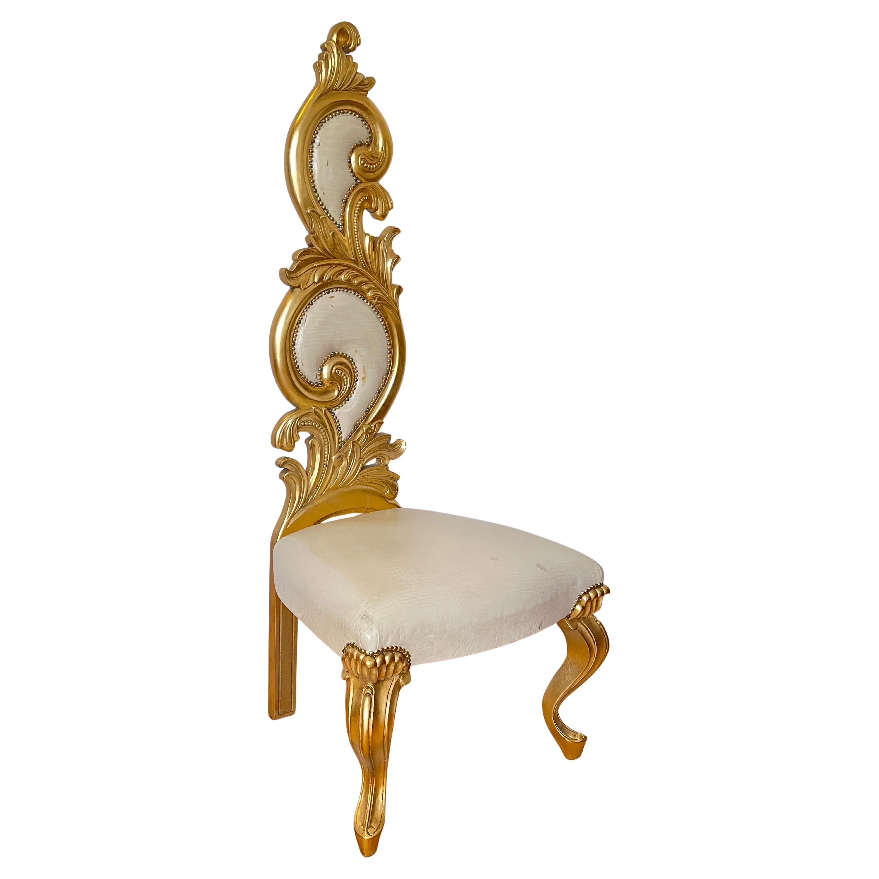 Sedia Trono Barocco Dorato con Rivestimento in Ecopelle Avorio