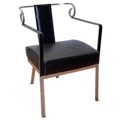 Sedia Vintage in Acciaio e Pelle Nera Effetto Coccodrillo