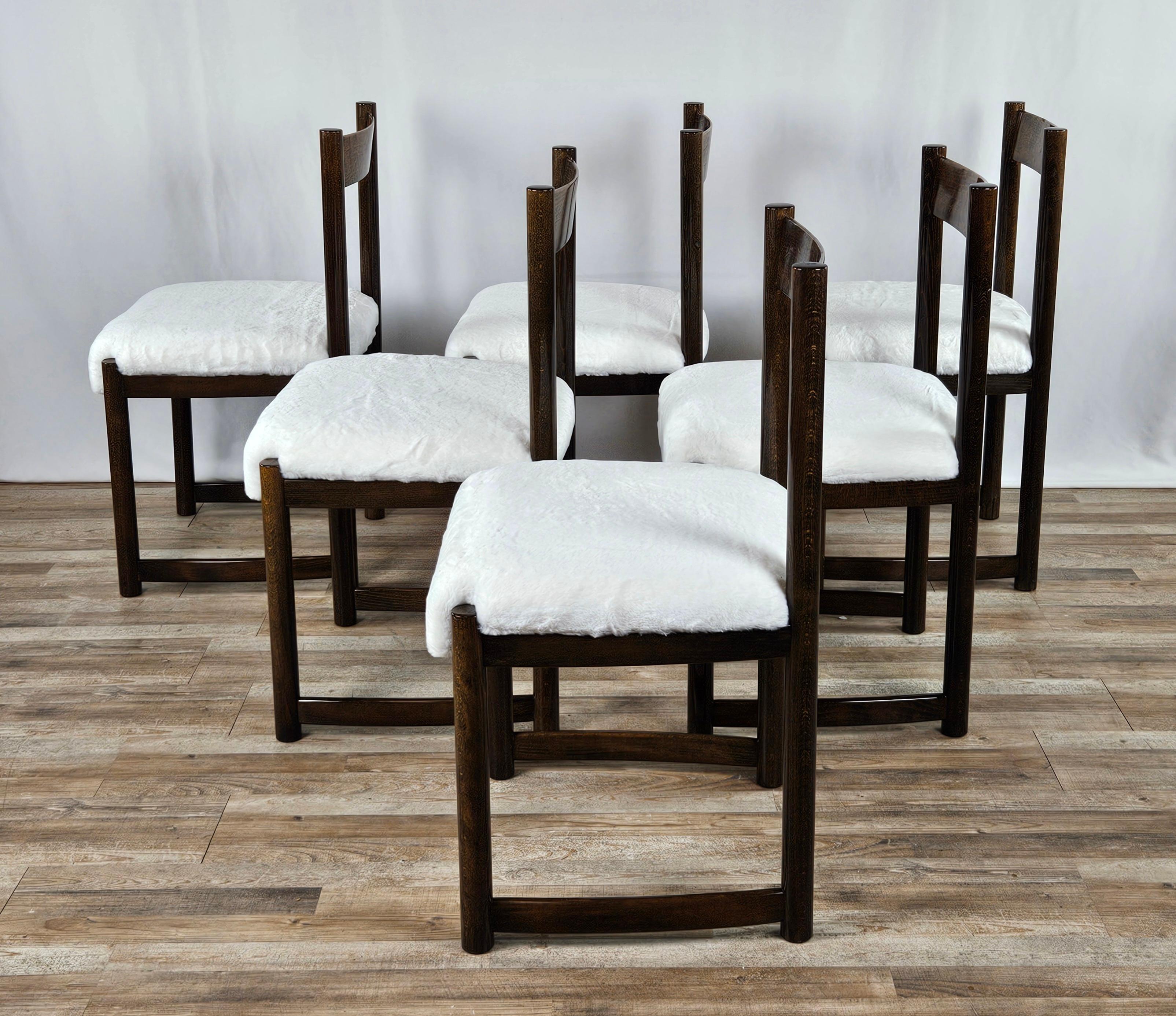 Italian 1970s beechwood chairs with white teddy bear-type fur seat  For Sale