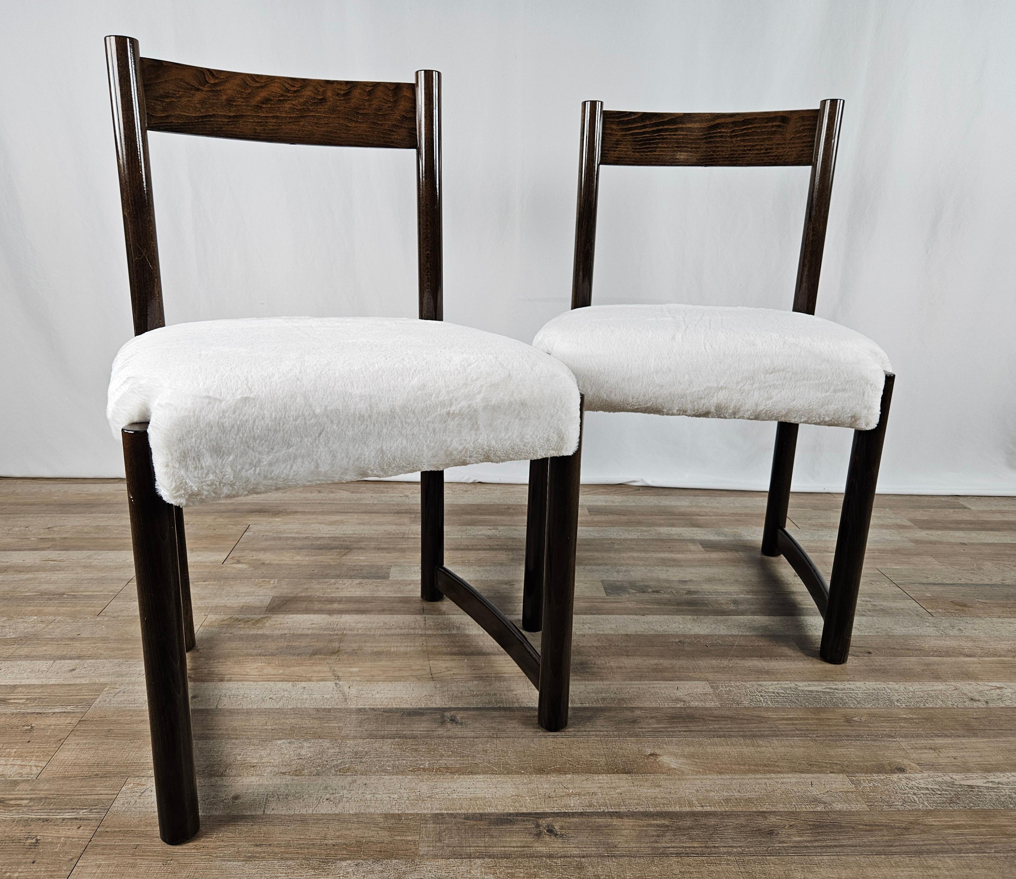 Late 20th Century 1970s beechwood chairs with white teddy bear-type fur seat  For Sale