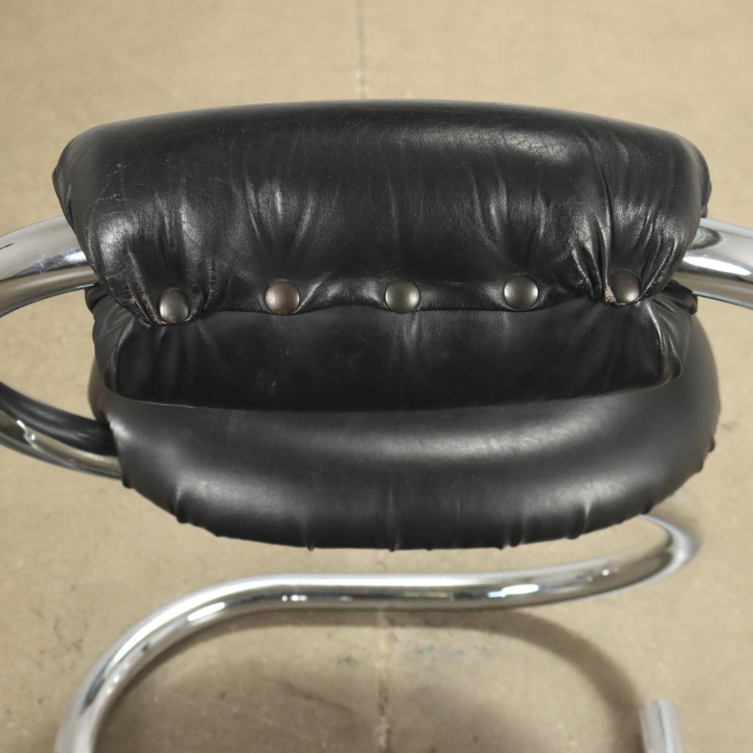 Polychromed 1970s Giotto Stoppino 'Cobra' chairs in black leather