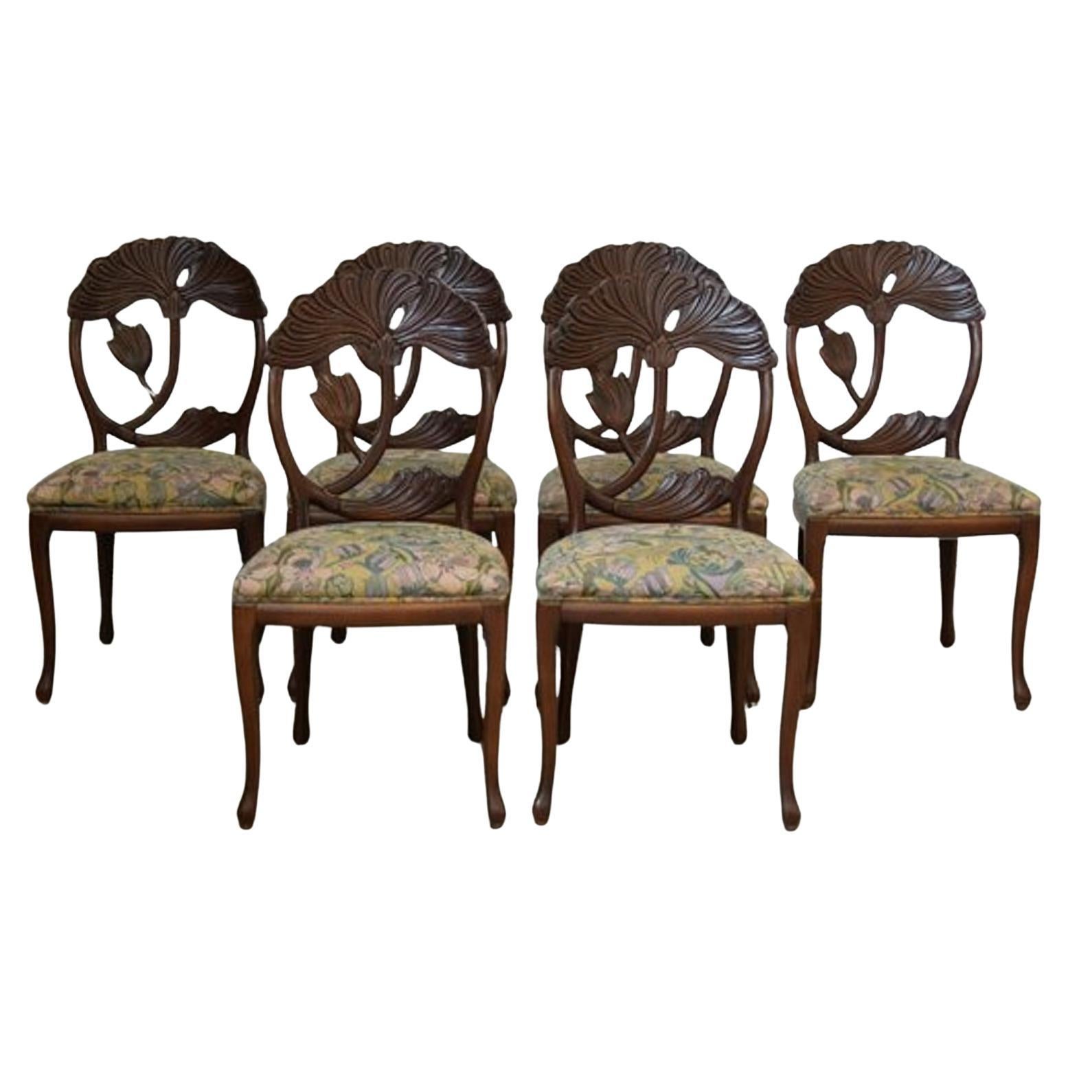 Hand-carved Art Nouveau dining chairs with floral motifs, 1990s, set For Sale