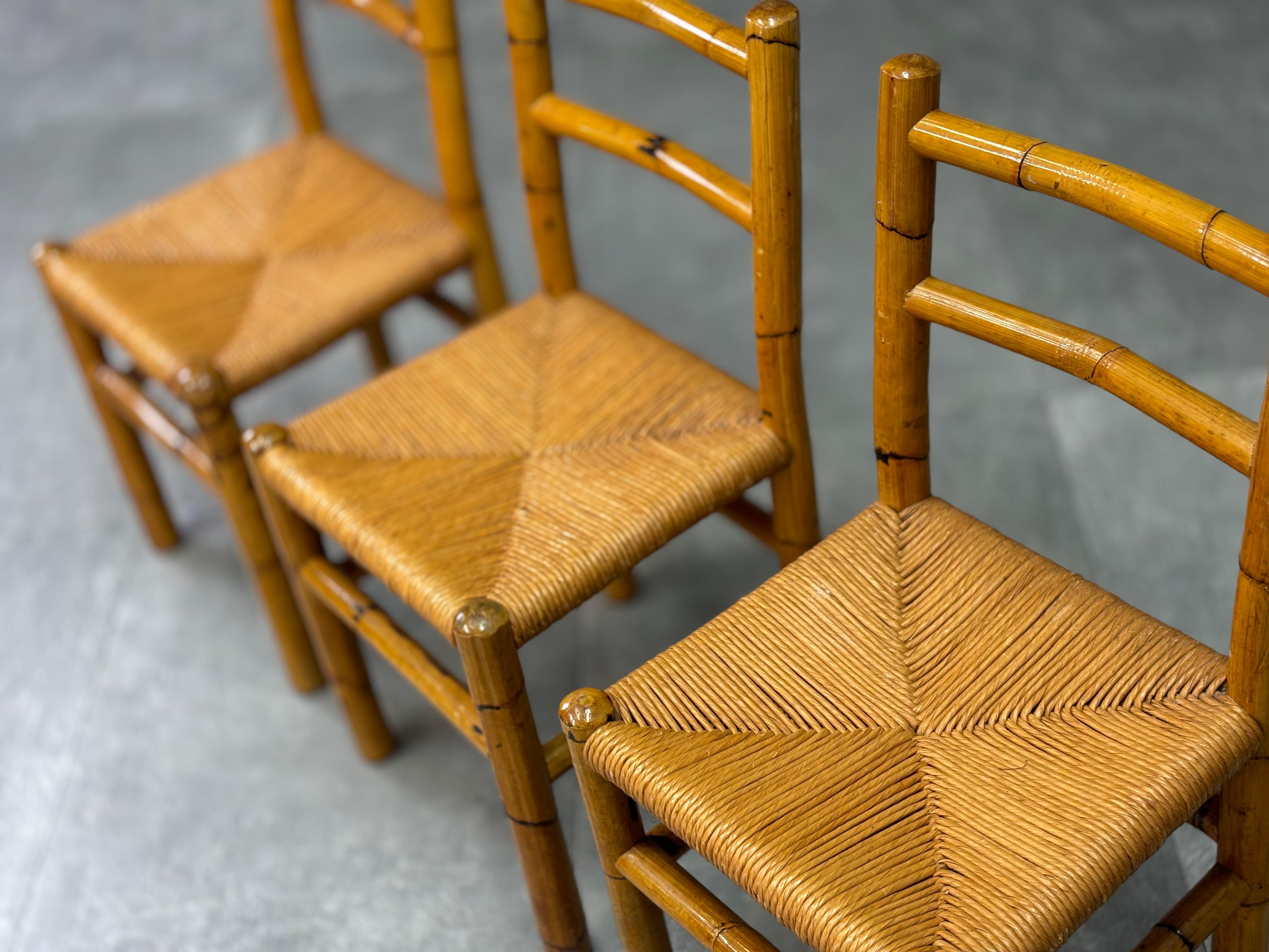 Sillas de bambú y paja, años 70, set de 4 Bambú en venta