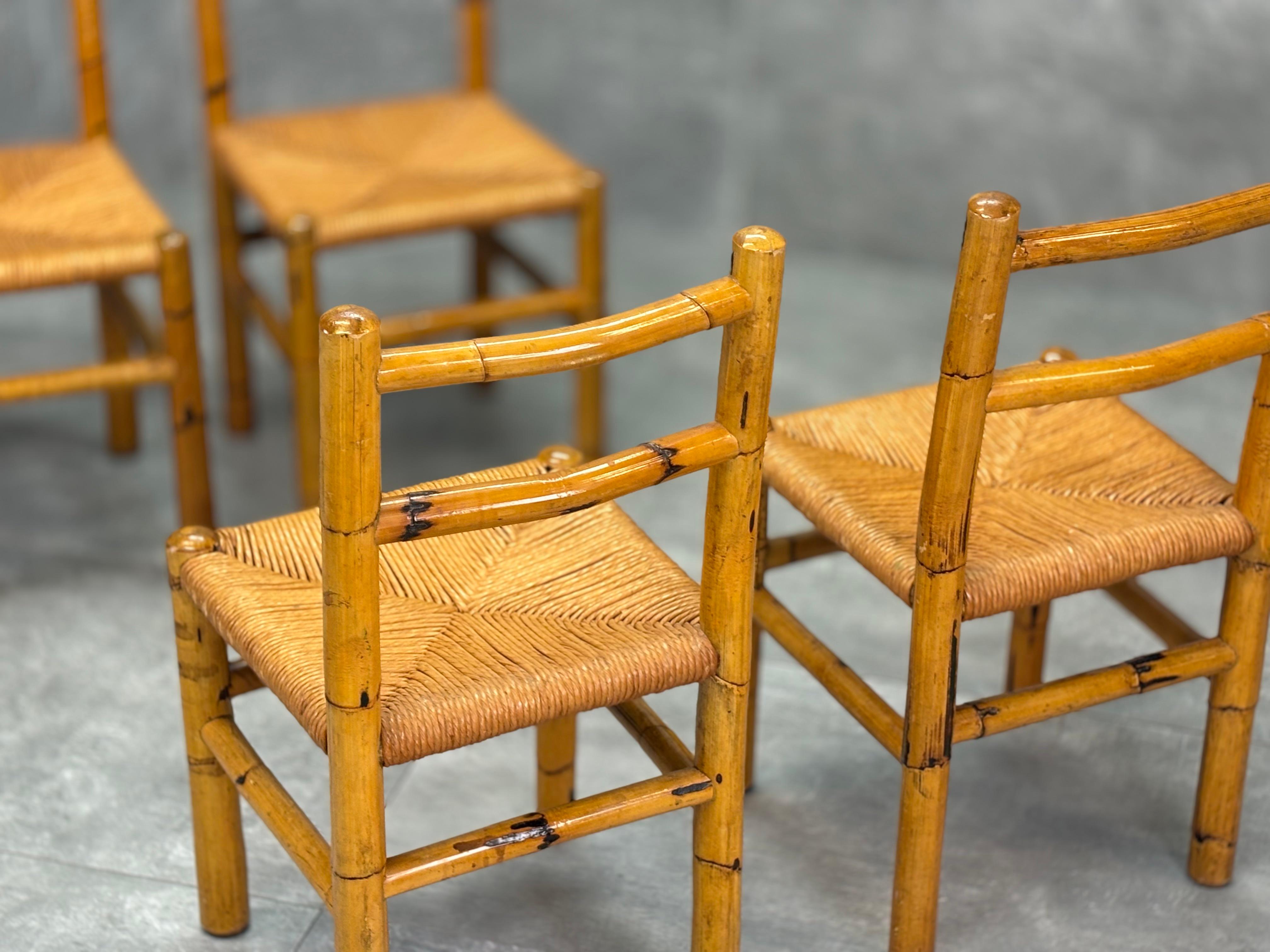 Sillas de bambú y paja, años 70, set de 4 en venta 1