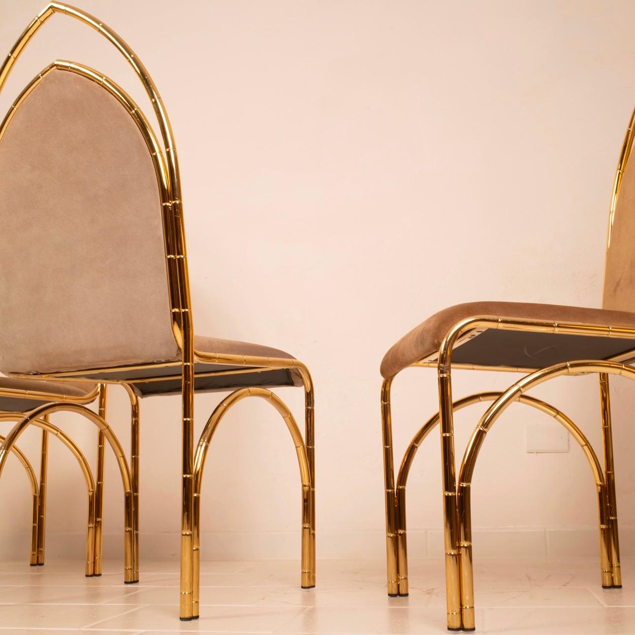 Italian Suede and Brass Dining Chairs, 1970s 10