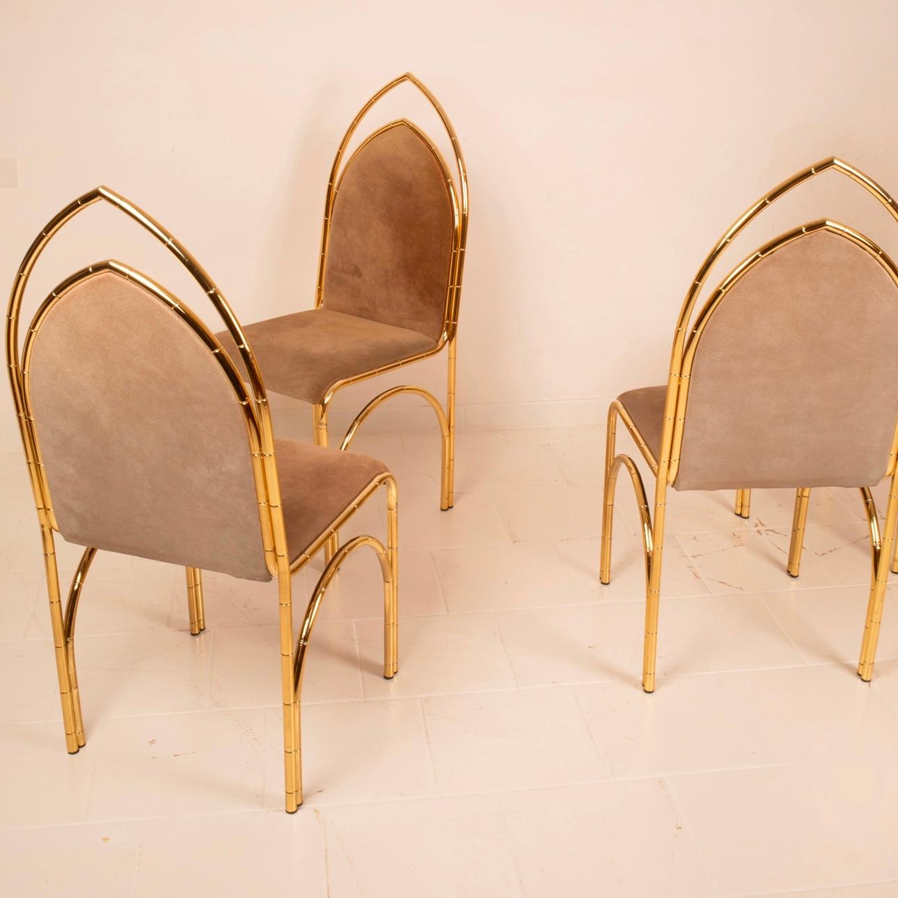 Italian Suede and Brass Dining Chairs, 1970s 12