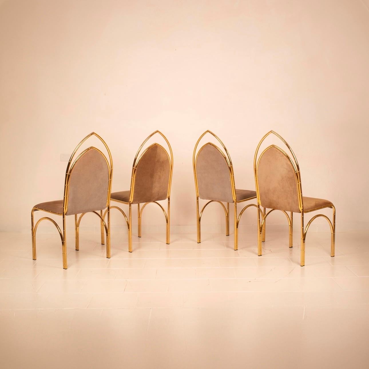 Hollywood Regency Italian Suede and Brass Dining Chairs, 1970s