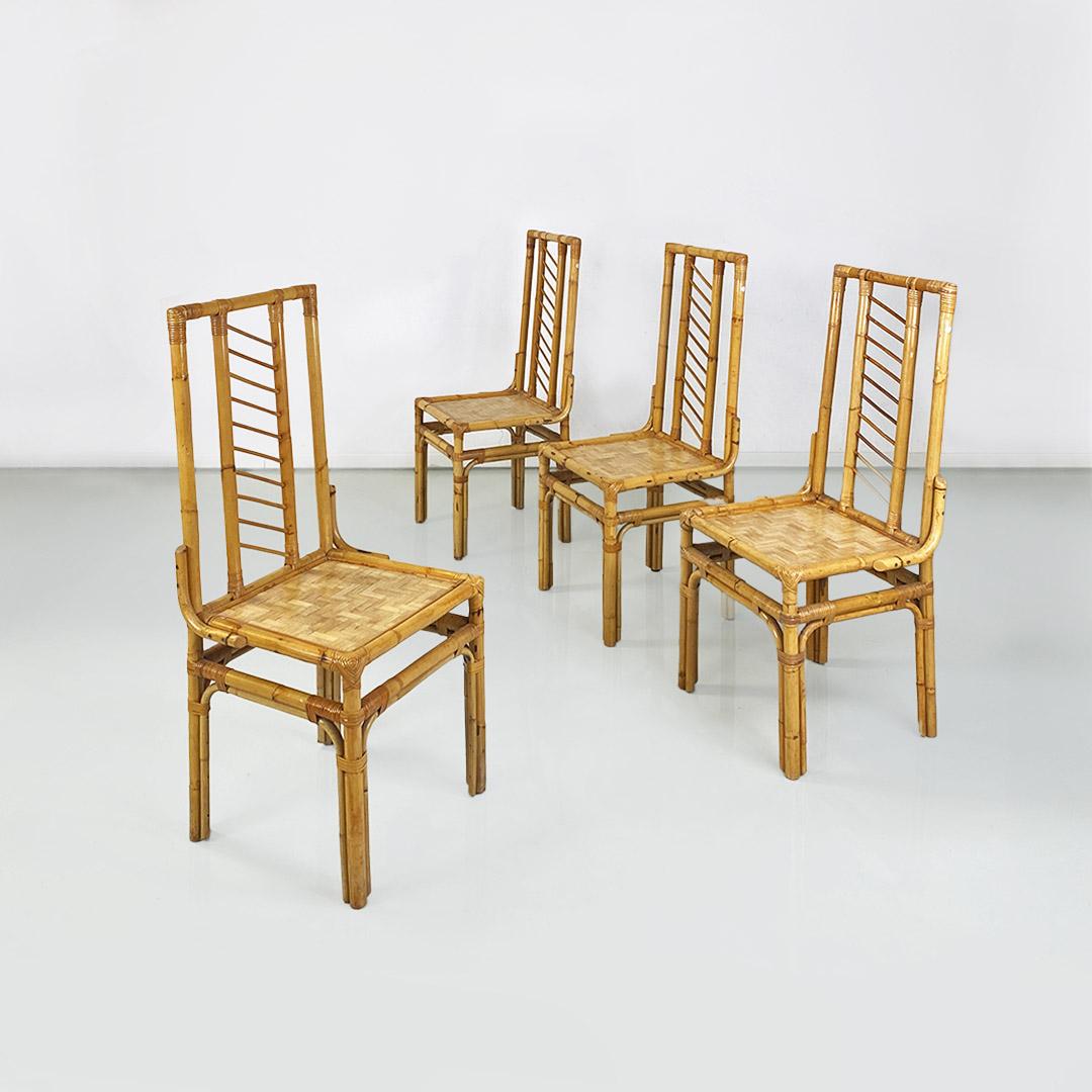 Set di quattro sedie in rattan con giunture ad intreccio e archetti laterali di rinforzo. La seduta presenta un motivo sfalsato sempre ad intreccio e lo schienale della sedia è alto e composto da dei listelli obliqui.
1960 ca.
Buone