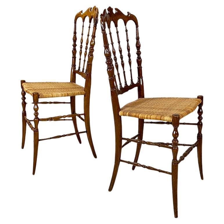 Italian Chiavari chairs in walnut and wicker by Colombo Sanguineti 1960s For Sale