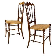 Antique Italian Chiavari chairs in walnut and wicker by Colombo Sanguineti 1960s