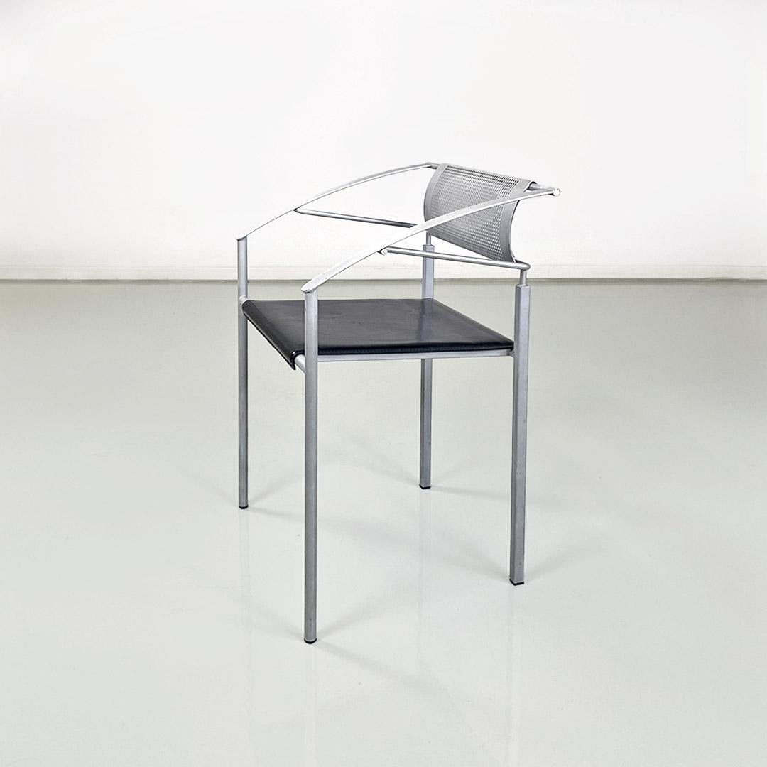 Modern Italian chairs manufactured by Fly Line di Carrè in gray metal and black leather 1990s For Sale