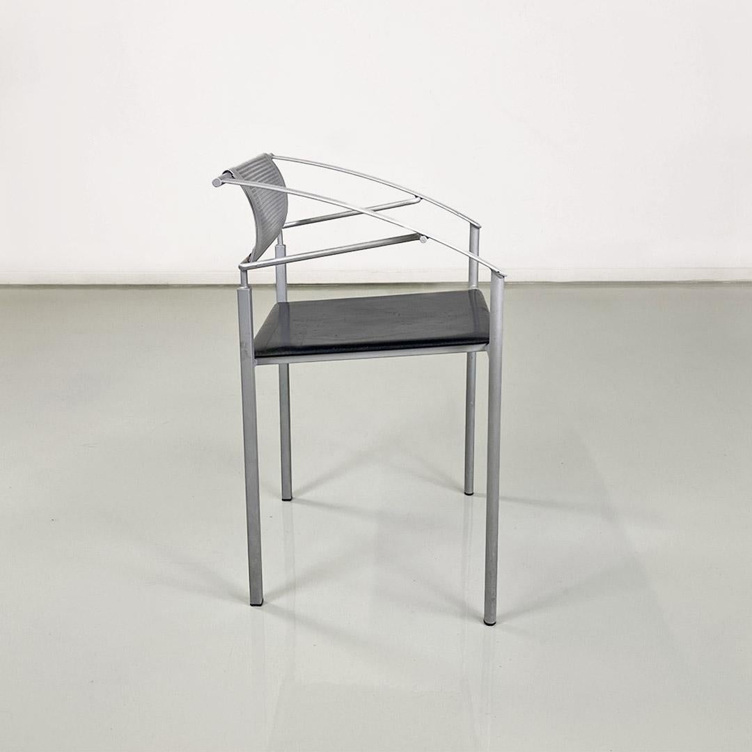 Metal Italian chairs manufactured by Fly Line di Carrè in gray metal and black leather 1990s For Sale