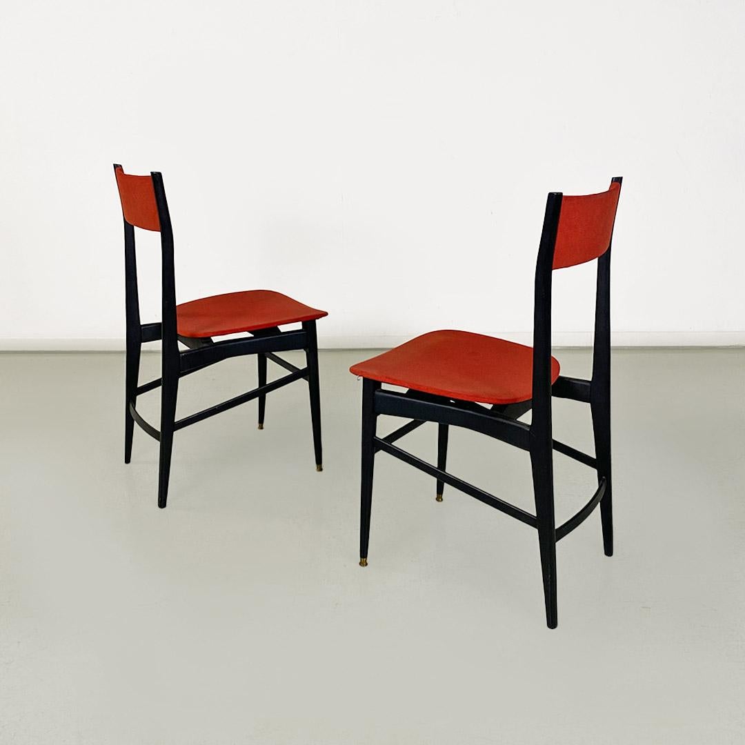 Mid-Century Modern Mid-century Italian chairs in black lacquered wood and original red fabric 1960s For Sale