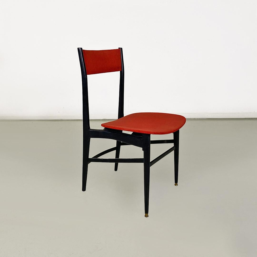 Mid-century Italian chairs in black lacquered wood and original red fabric 1960s In Good Condition For Sale In MIlano, IT