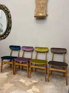 Sedie Set n. 4 Scandinave in Faggio rivestite in velluto colorato Vintage 1960 -