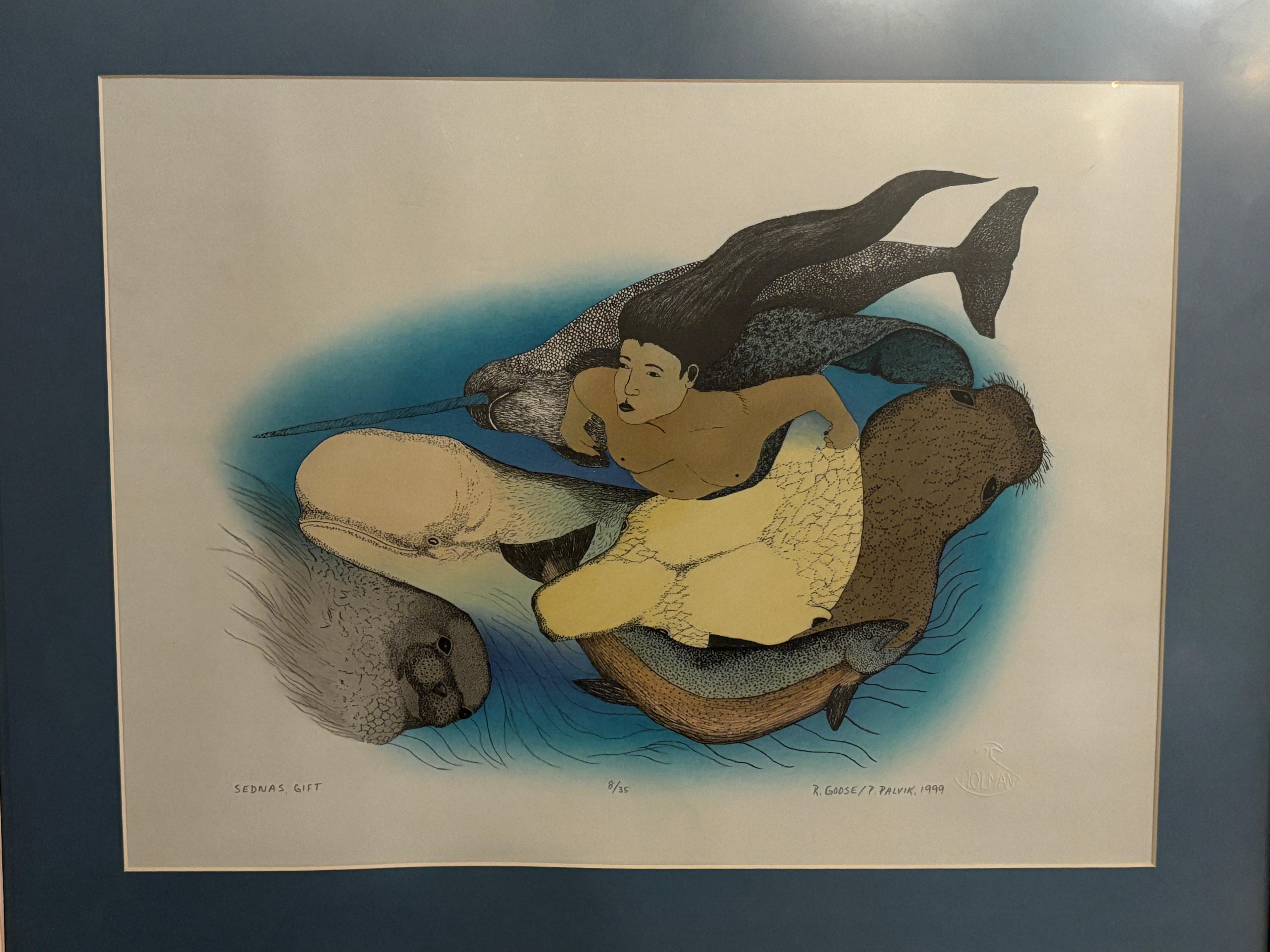 Peter Palvik is an Inuit artist from Ulukhaktok (Holman), Northwest Territories, Canada, born in 1960. He is known for his detailed lithographs depicting animals and traditional Inuit life, as is the case with this print. titled 'Sednas Gift', and