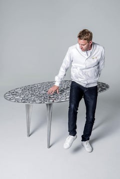 Sedona Round Center Dining Table Glass Top Polished Aluminium by Janne Kyttanen