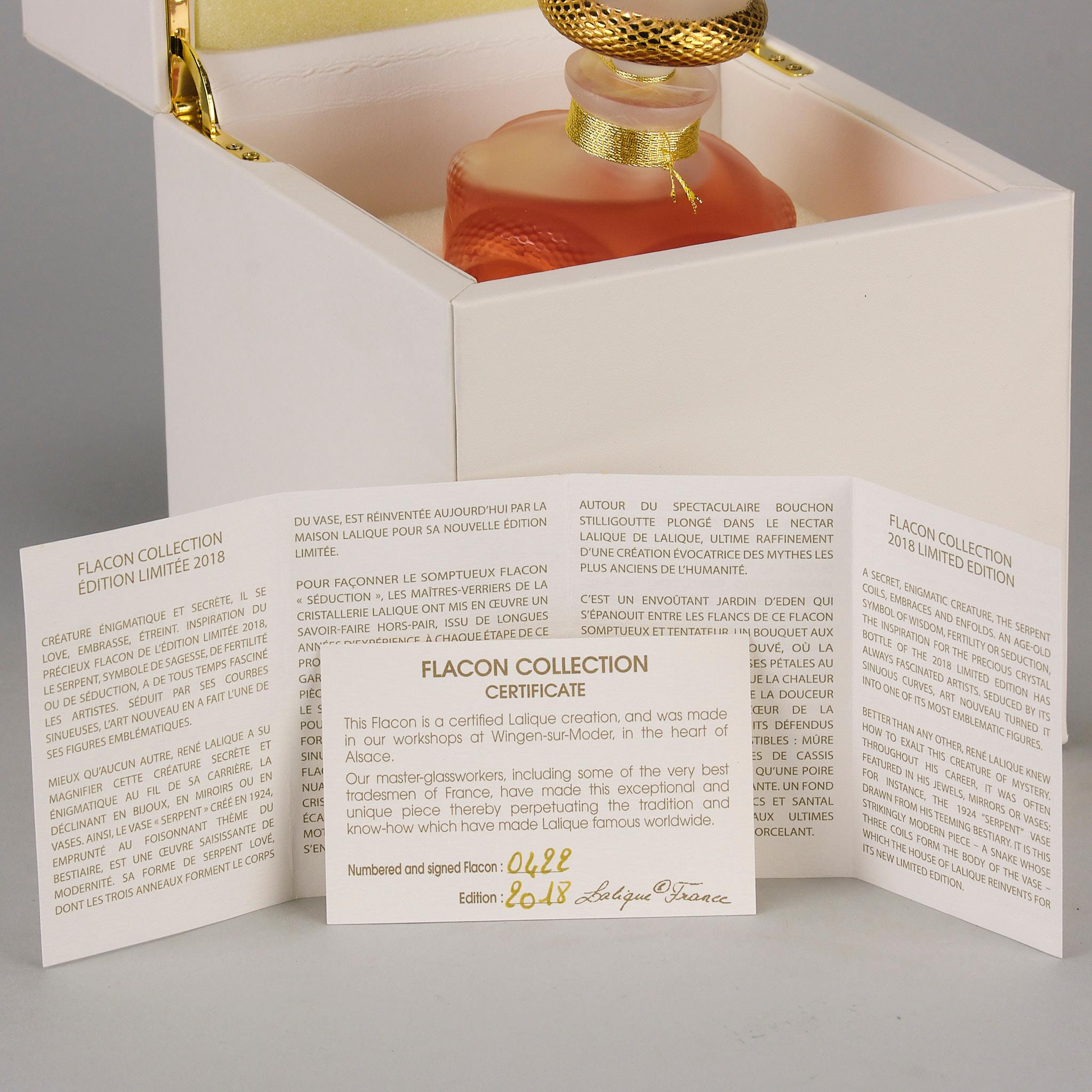 Contemporary Frosted Glass Perfume Bottle entitled 'Séduction' by Lalique In Excellent Condition For Sale In London, GB