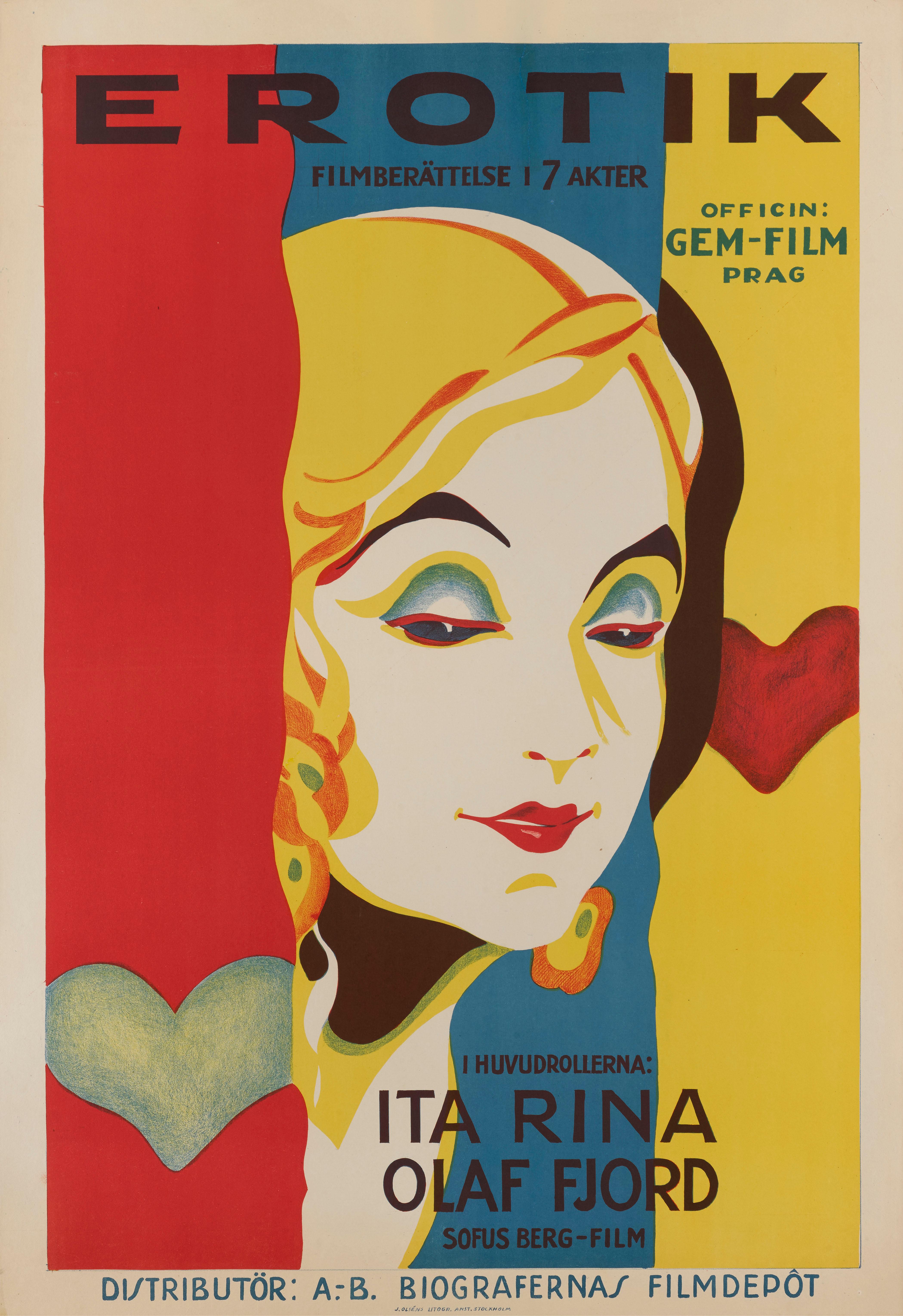 Original Swedish film poster the 1928 drama, romance Erotikon starring Ita Rina, Karel Schleichert, Olaf Fjord.
The film was directed by Gustav Machaty.
This poster was in a private Swedish collection for over thirty years, and was obtained direct