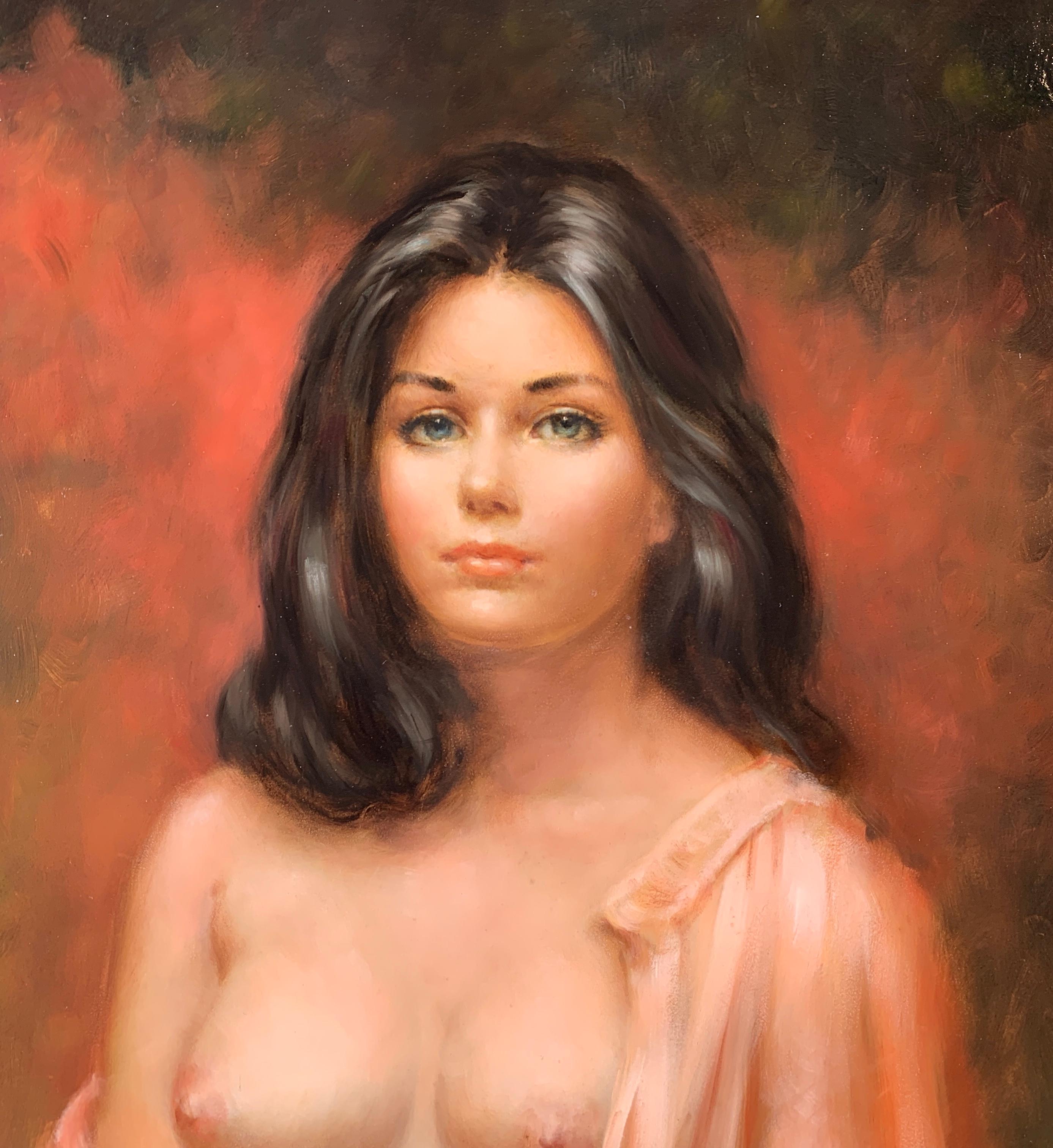 Very captivating and seductive, original boudoir style oil painting on Masonite board by internationally famous, deceased American California master artist, Larry “Vincent” Garrison (1923-2007), depicts a beautiful semi-nude brunette haired woman,