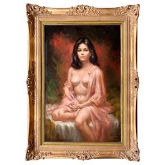 Retro Seductive Original Larry “Vincent” Garrison Painting “Woman in Peach Peignoir”