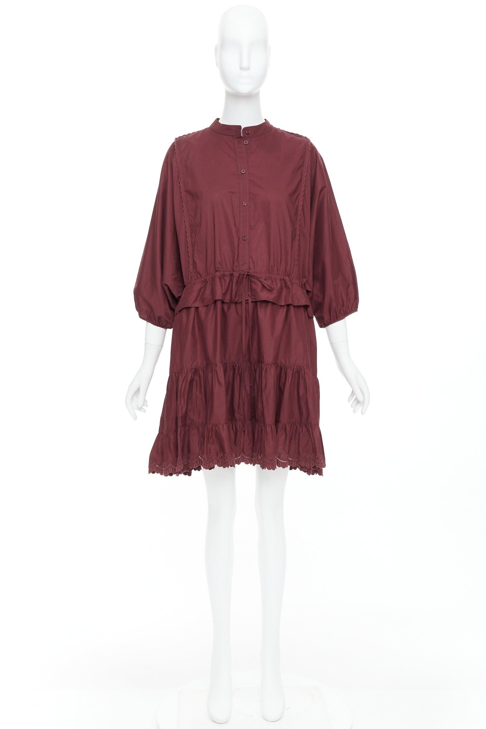 SEE BY CHLOE 616 Vestido camisero con ribete festoneado de algodón rojo ahumado SBC FR40 L en venta 4
