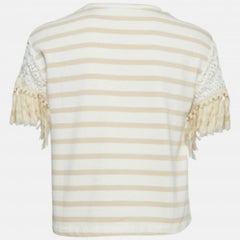 See by Chloe Beige Crochet Trim Stripe Cotton T-Shirt XS