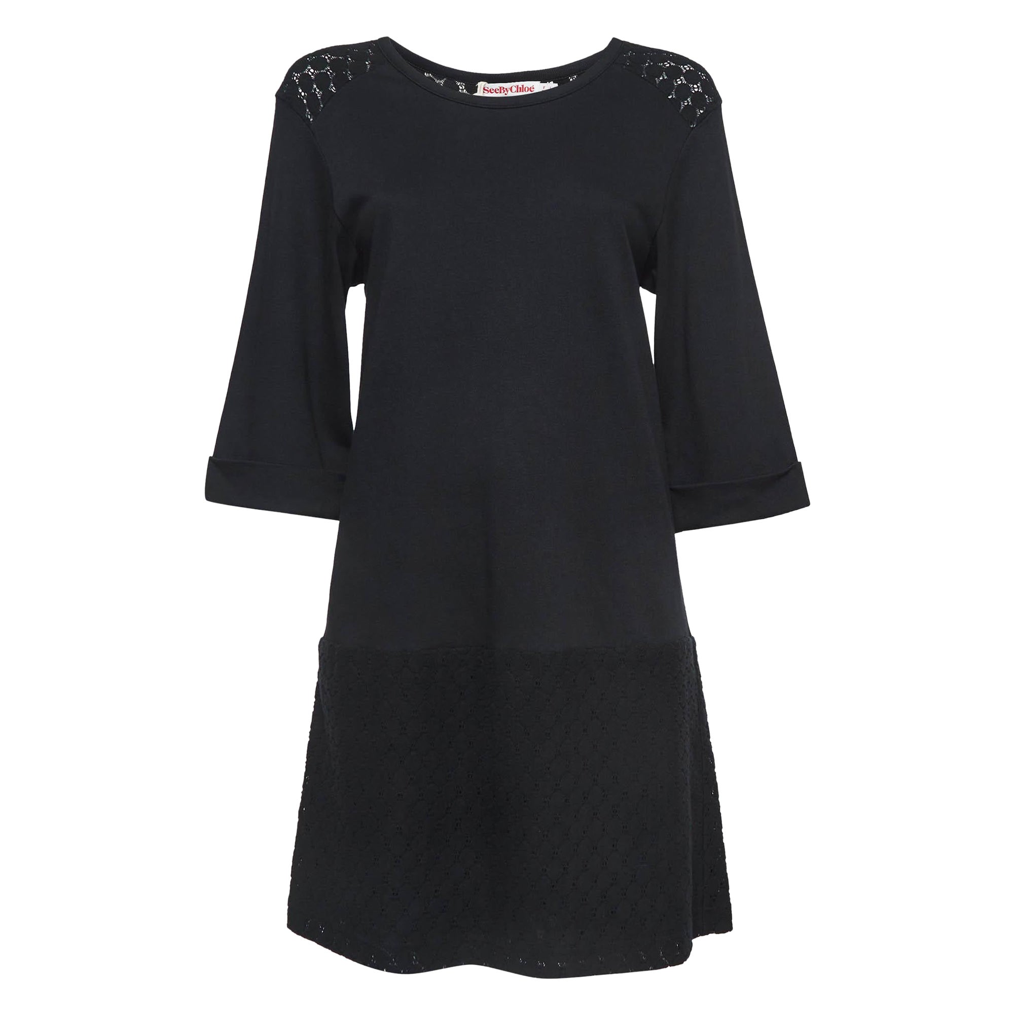 See By Chloe Robe courte à manches longues en dentelle et coton noir S