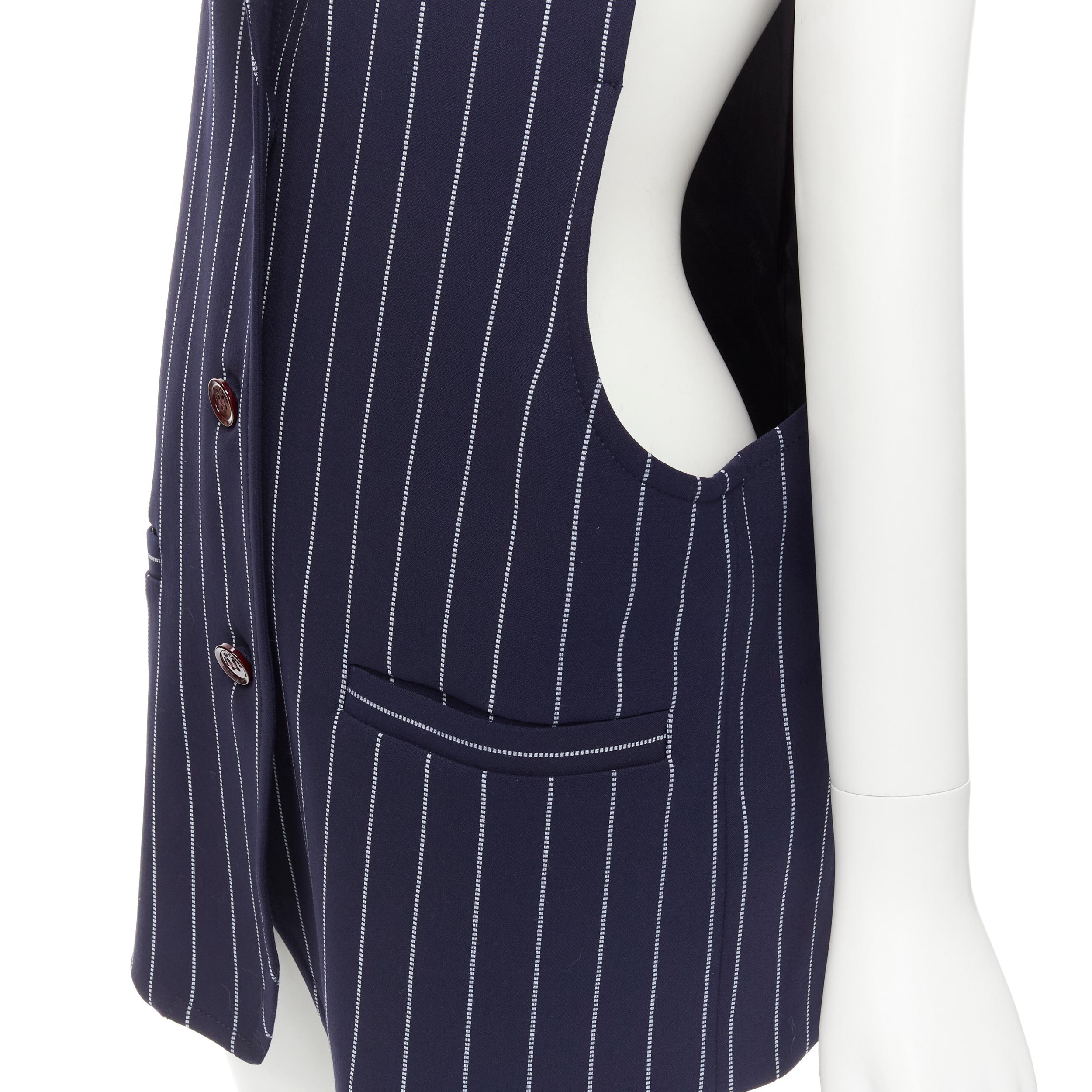 SEE. BY CHLOE blue white striped dropped armhole boxy vest FR36 S 
Reference: CECU/A00017 
Brand: See By Chloe 
Material: Polyester 
Color: Navy 
Pattern: Striped 
Closure: Button 
Extra Detail: Dropped armhole. Dual front pockets. 
Made in: