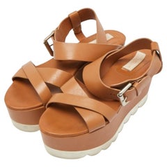See by Chloe Brown Leather  Wedge Platform Ankle Strap Sandals Size 37