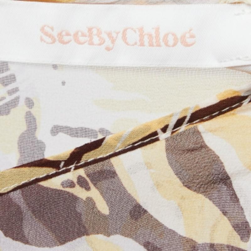 See by Chloe Braun/Gelbes Tiger Print Seidenkrawatte ärmelloses kurzes Kleid S Damen im Angebot