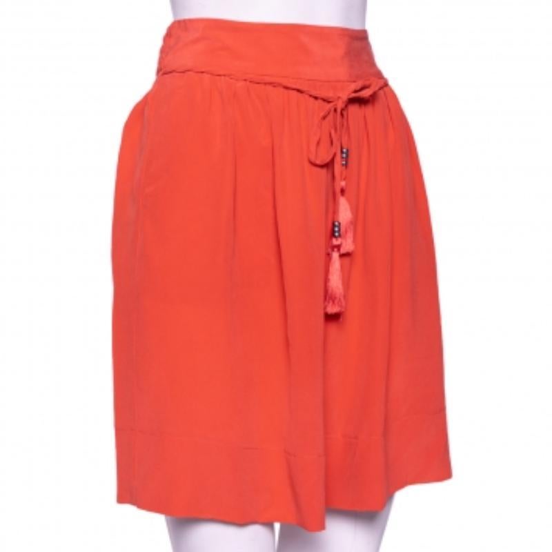 See by Chloe Coral Pink Silk Braided Tasseled Belt Detail Skirt M In Excellent Condition For Sale In Dubai, Al Qouz 2