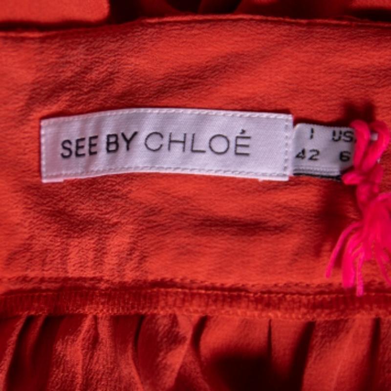 See by Chloe Coral Pink Silk Braided Tasseled Belt Detail Skirt M For Sale 1