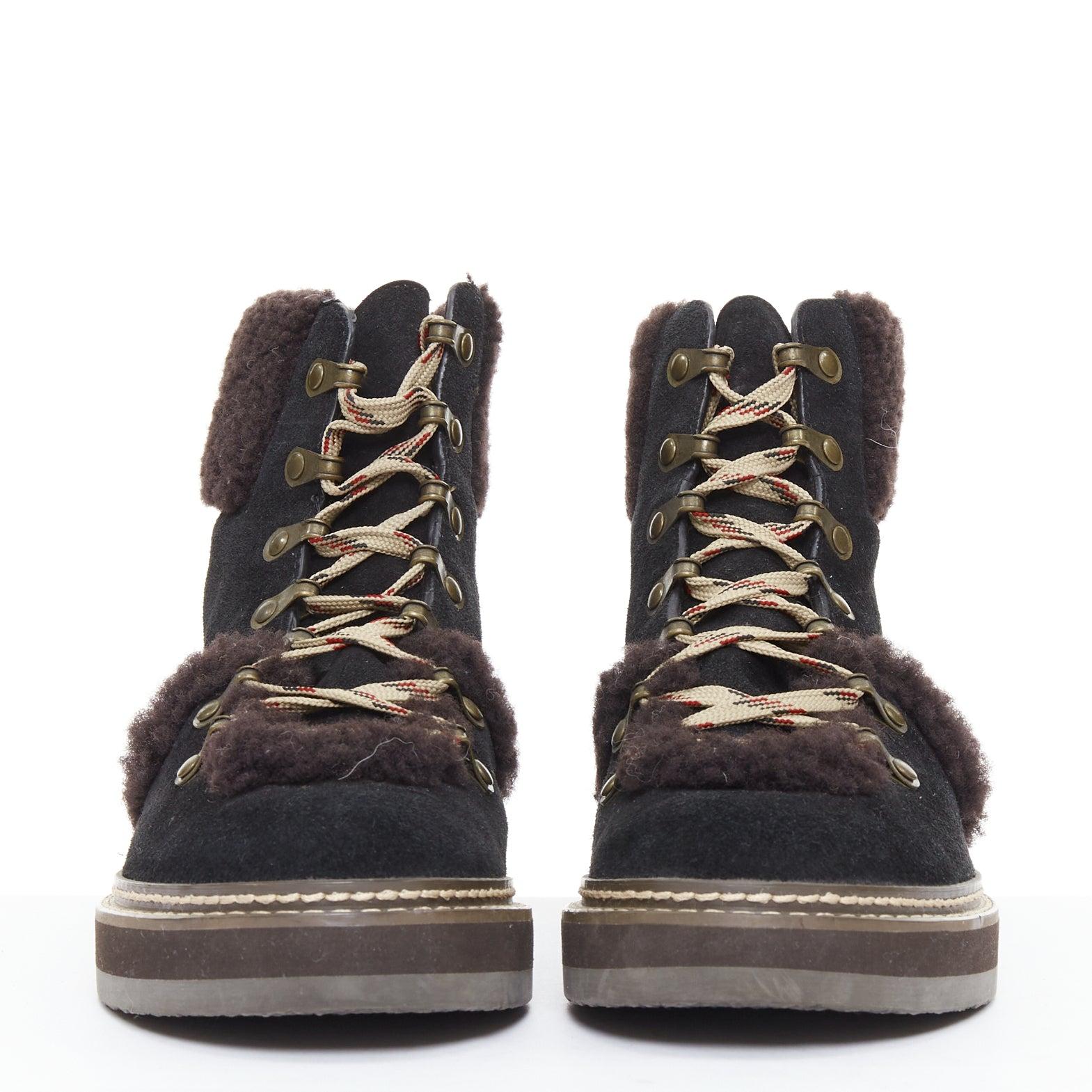 SEE BY CHLOE Eileen brauner Shearling schwarzes Wildleder Bergwanderstiefel EU37 (Schwarz) im Angebot
