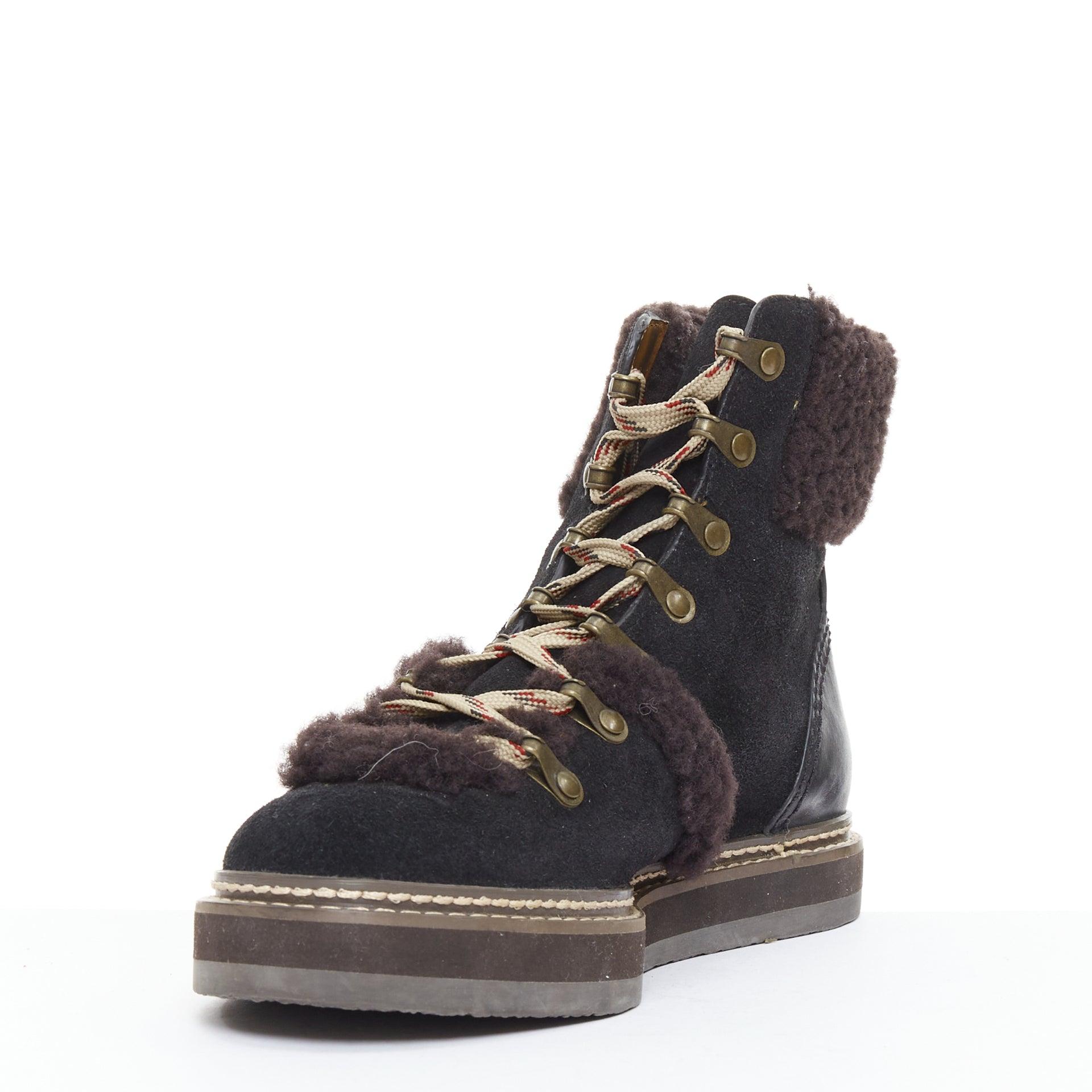 SEE BY CHLOE Eileen brauner Shearling schwarzes Wildleder Bergwanderstiefel EU37 im Zustand „Gut“ im Angebot in Hong Kong, NT