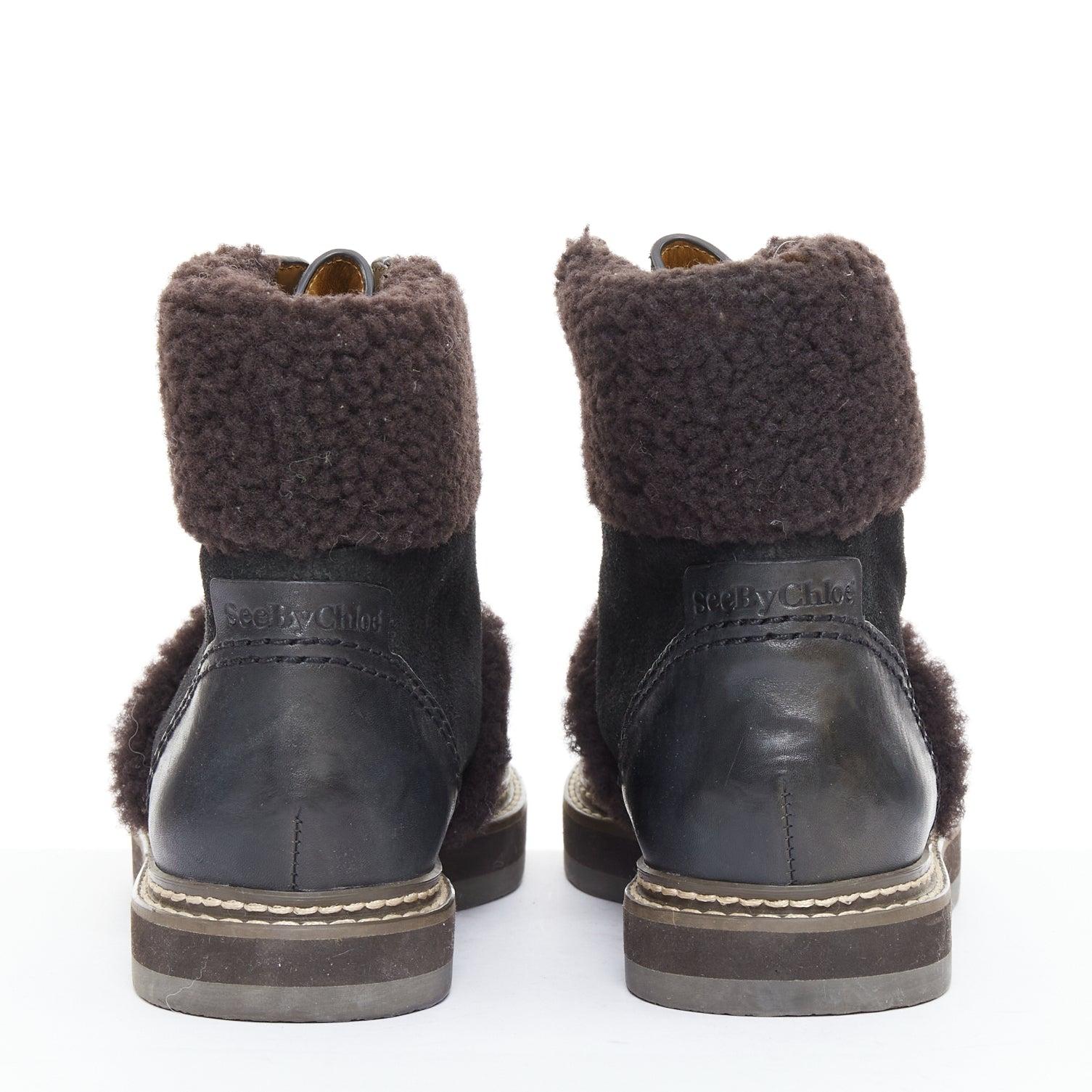 SEE BY CHLOE Eileen brauner Shearling schwarzes Wildleder Bergwanderstiefel EU37 Damen im Angebot
