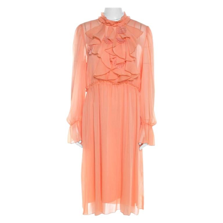 See by Chloe Evening Orange Crepe Georgette Floral Appliqué Ruffled Midi Dress M