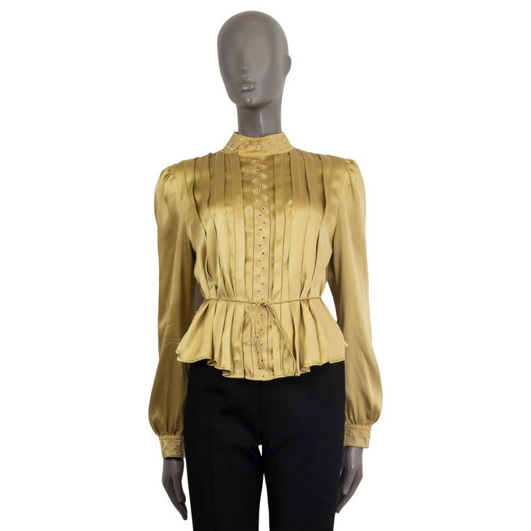 SEE by CHLOE gold silk EMBROIDERY PLEATE Blouse Shirt 44 M - L For Sale