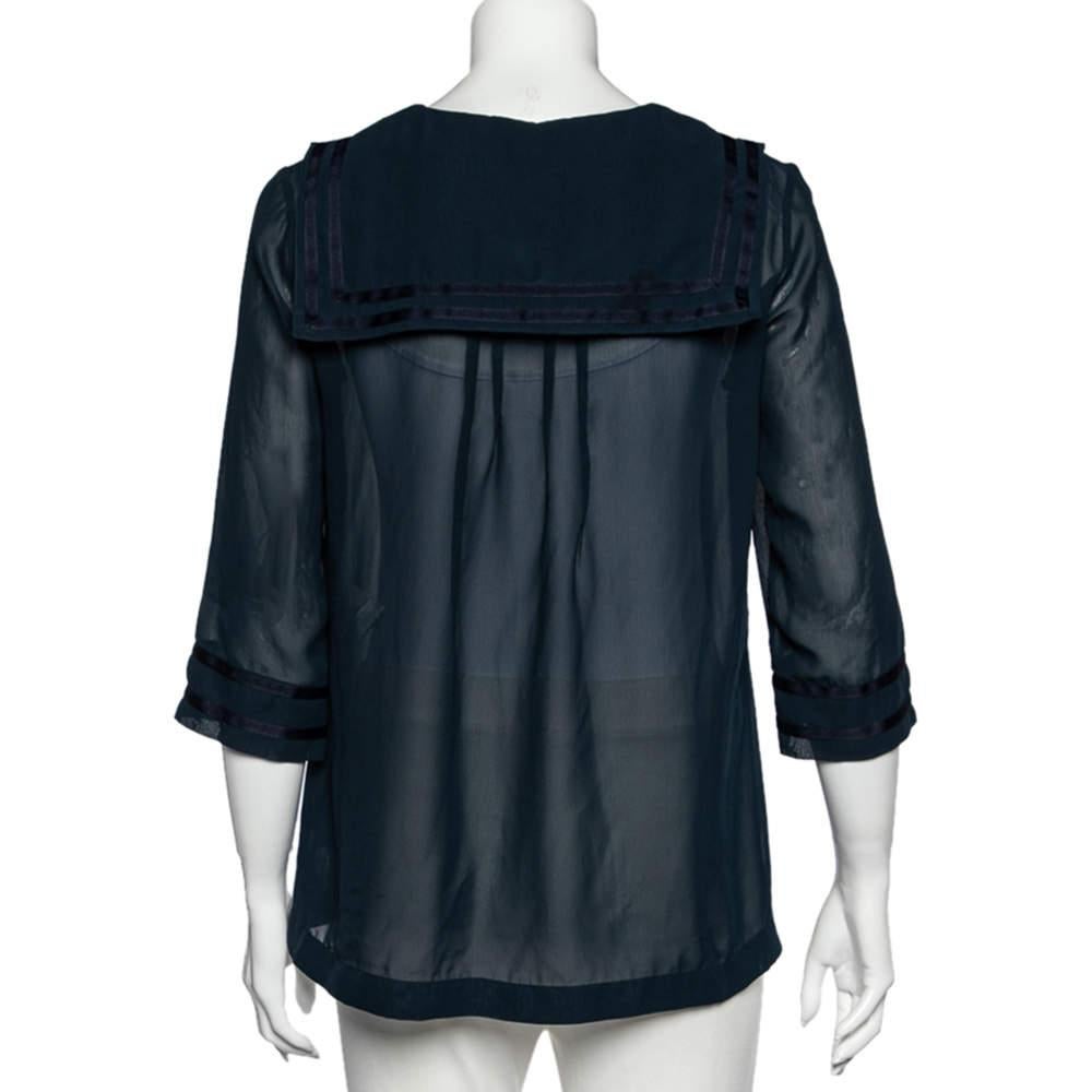 Black See by Chloe Midnight Blue Crepe Pleated Sailor Collar Blouse XL