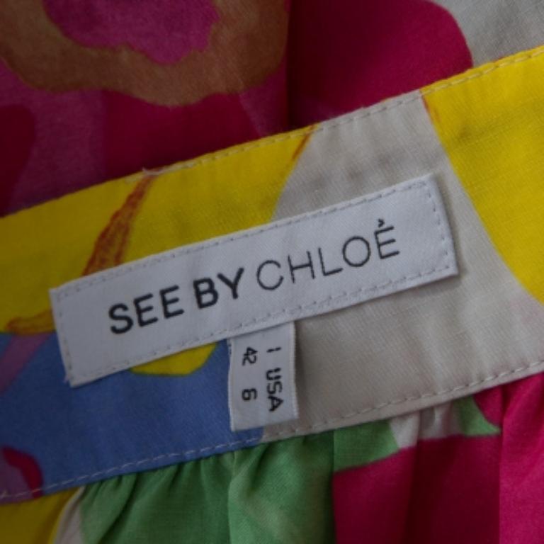 Gray See By Chloe Mutlicolor Floral Print Cotton Silk Gathered Mini Skirt M For Sale