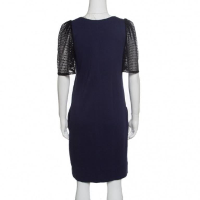 Noir See By Chloe Bleu marine Robe en jersey à manches en dentelle contrastée S en vente