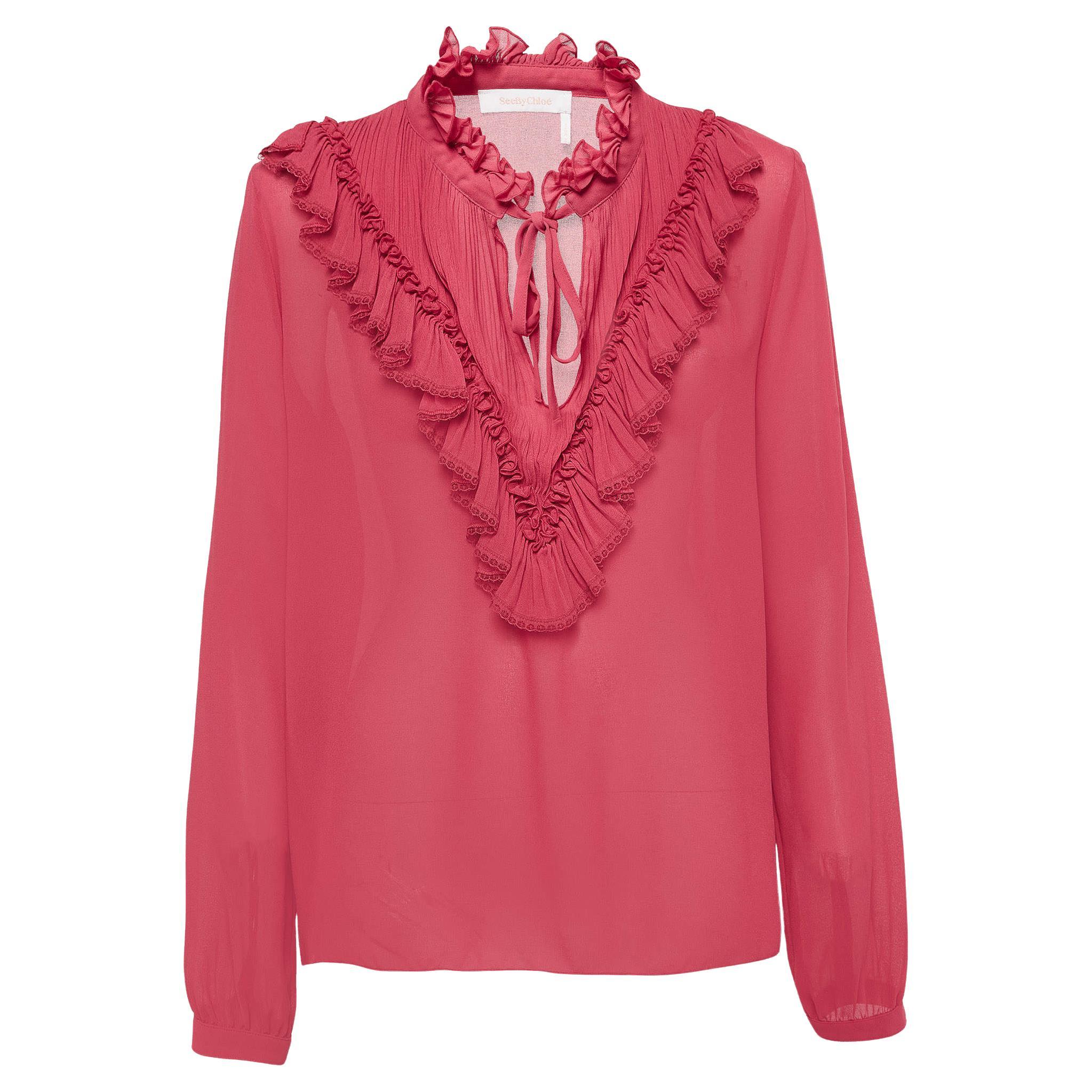 See by Chloe Camicetta con volant in crepe rosa lampone M in vendita