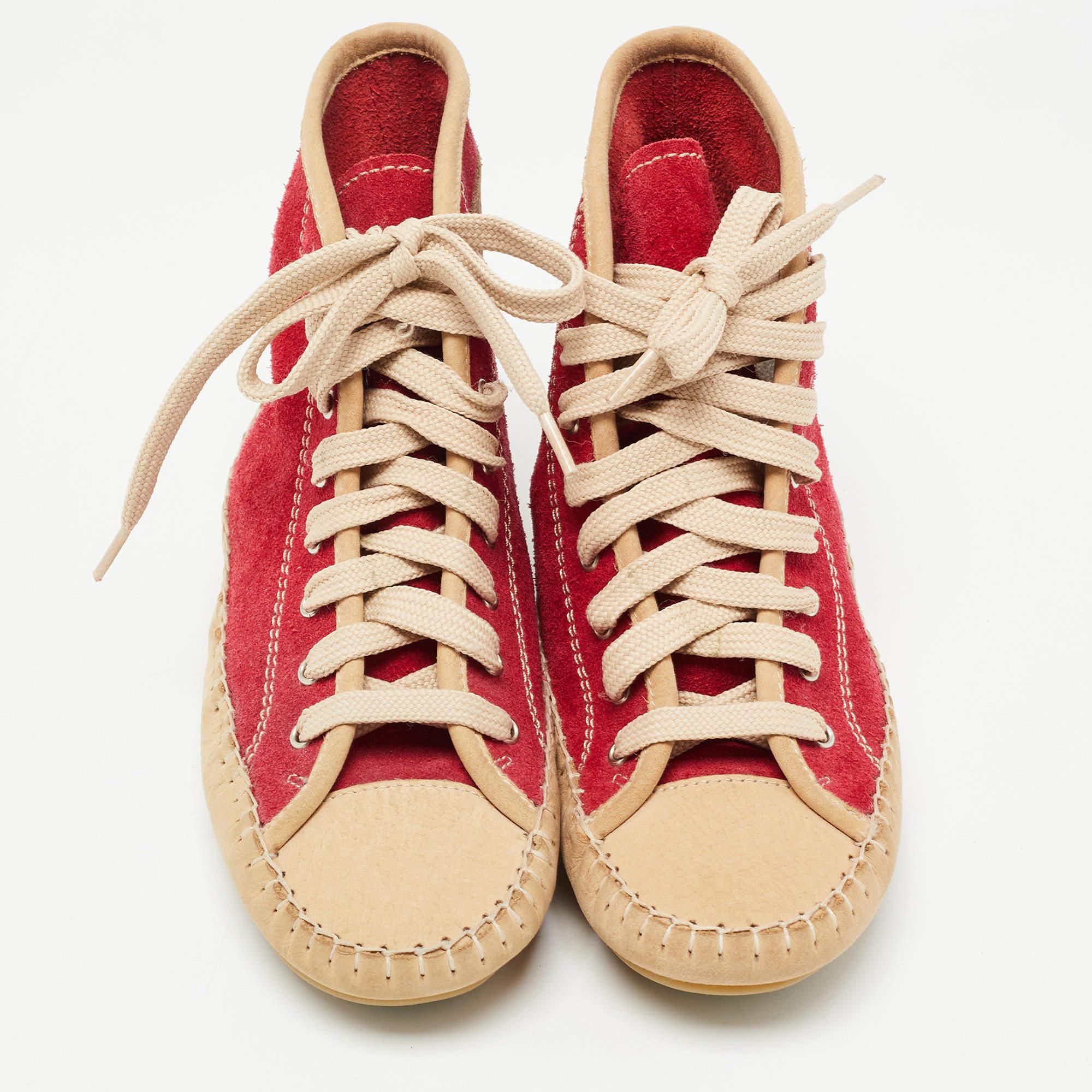 See by Chloé Red Suede High Top Sneakers Size 35 In Good Condition For Sale In Dubai, Al Qouz 2