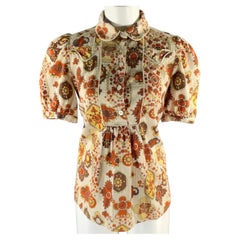 SEE By Chloe Size 8 Cream Rust Cotton Geometric Puff Shoulder Blouse